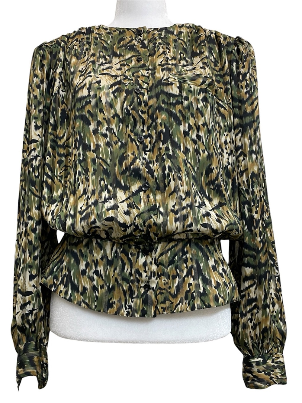 Nicola Vintage Green Animal Print Sheer Stripe Button Front Blouson Blouse